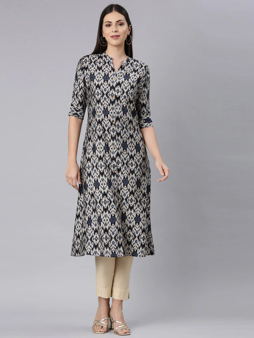 Neerus Navy Blue Straight Casual Chevron Anarkali Kurta