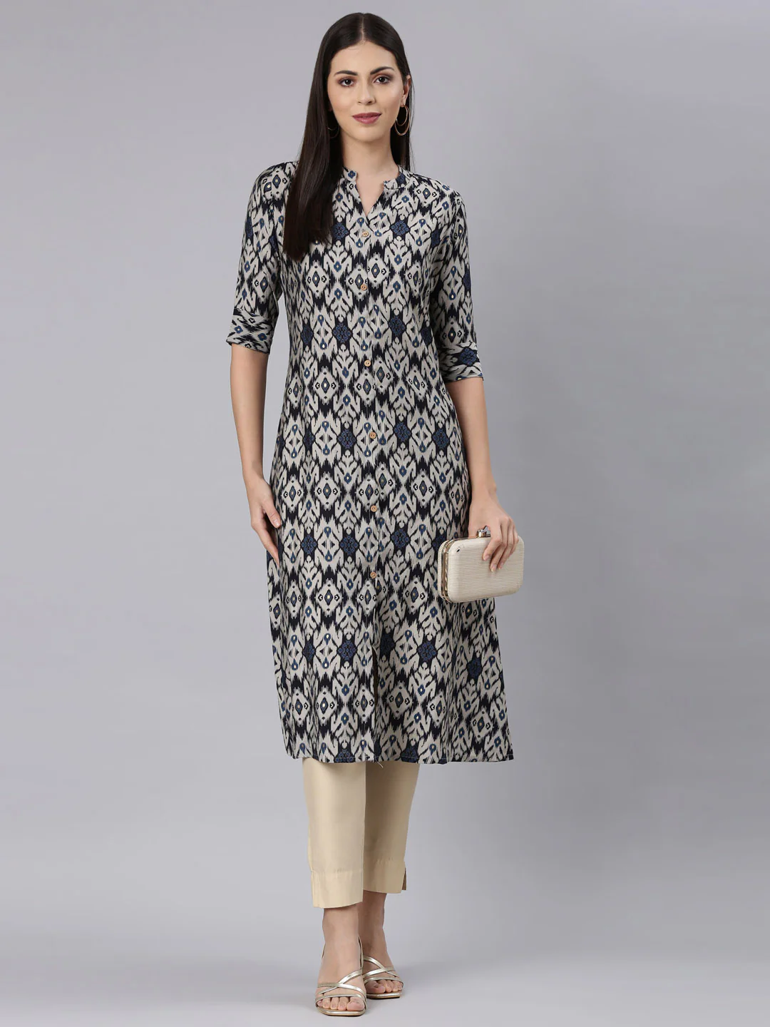Neerus Navy Blue Straight Casual Chevron Anarkali Kurta - Image 6