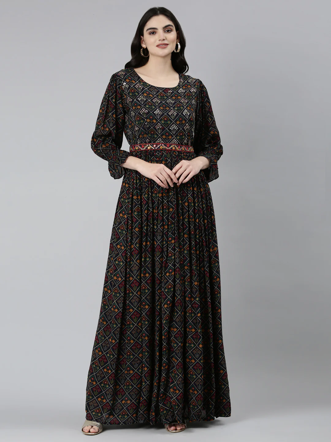 Neerus Navy Blue Straight Casual Floral Dresses