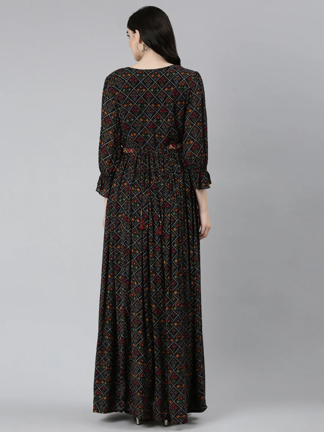 Neerus Navy Blue Straight Casual Floral Dresses - Image 3