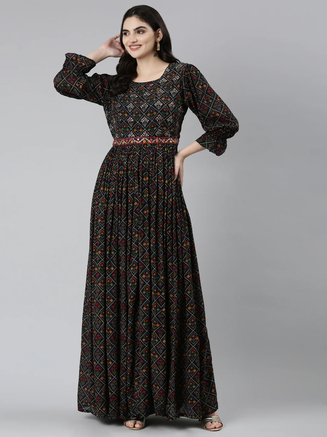 Neerus Navy Blue Straight Casual Floral Dresses - Image 5