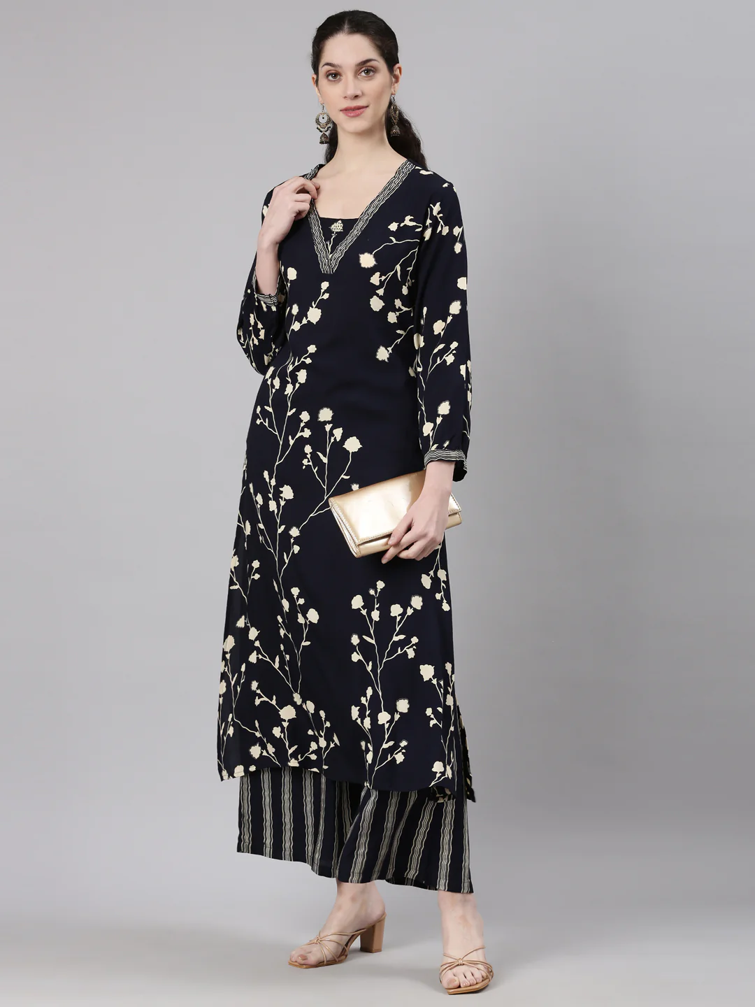 Neerus Navy Blue Straight Casual Floral Kurta and Plazzo - Image 6