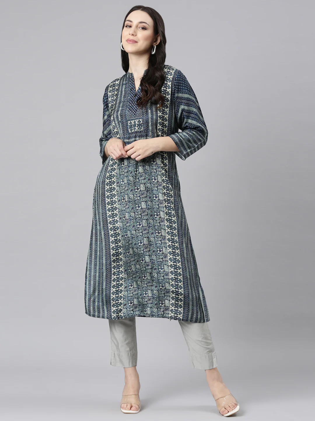 Neerus Navy Blue Straight Casual Floral Kurta - Image 5