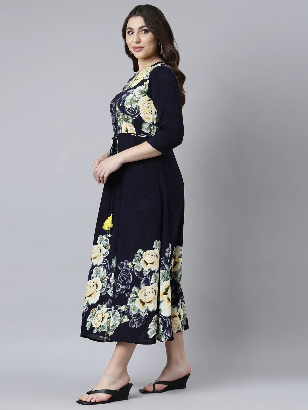 Neerus Navy Blue Straight Casual Floral Maxi Dresses - Image 2