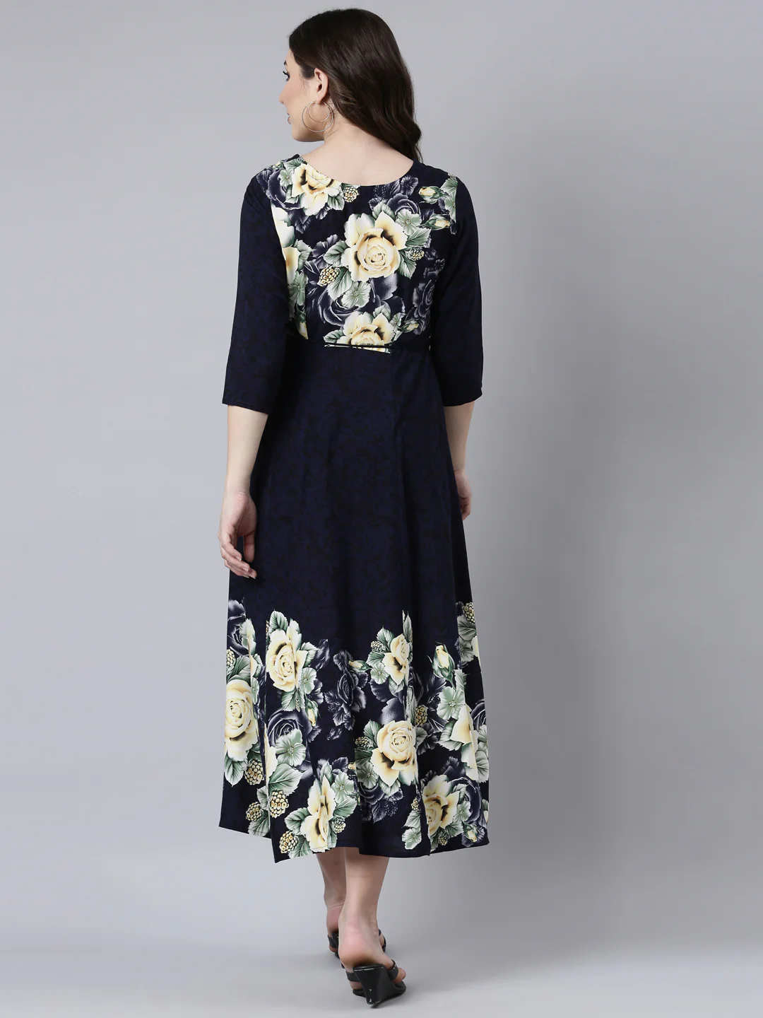 Neerus Navy Blue Straight Casual Floral Maxi Dresses - Image 3
