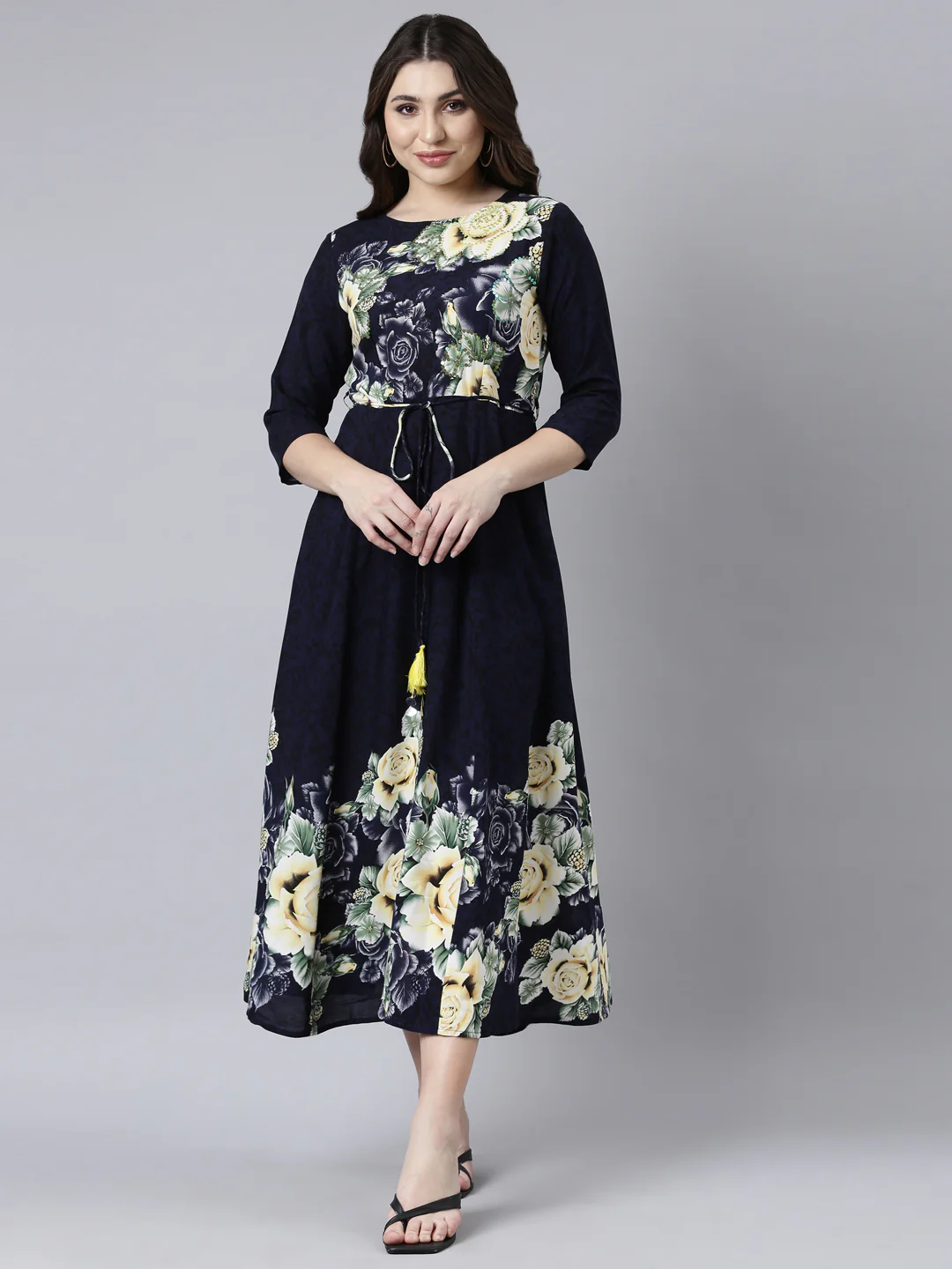 Neerus Navy Blue Straight Casual Floral Maxi Dresses - Image 5