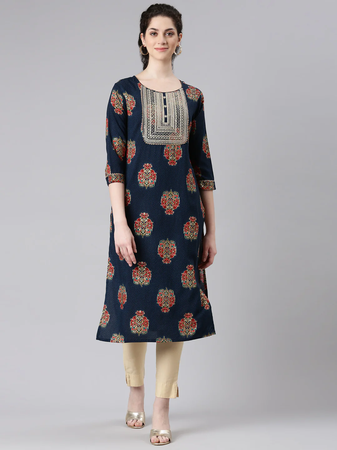 Neerus Navy Blue Straight Casual Floral Panelled Kurta
