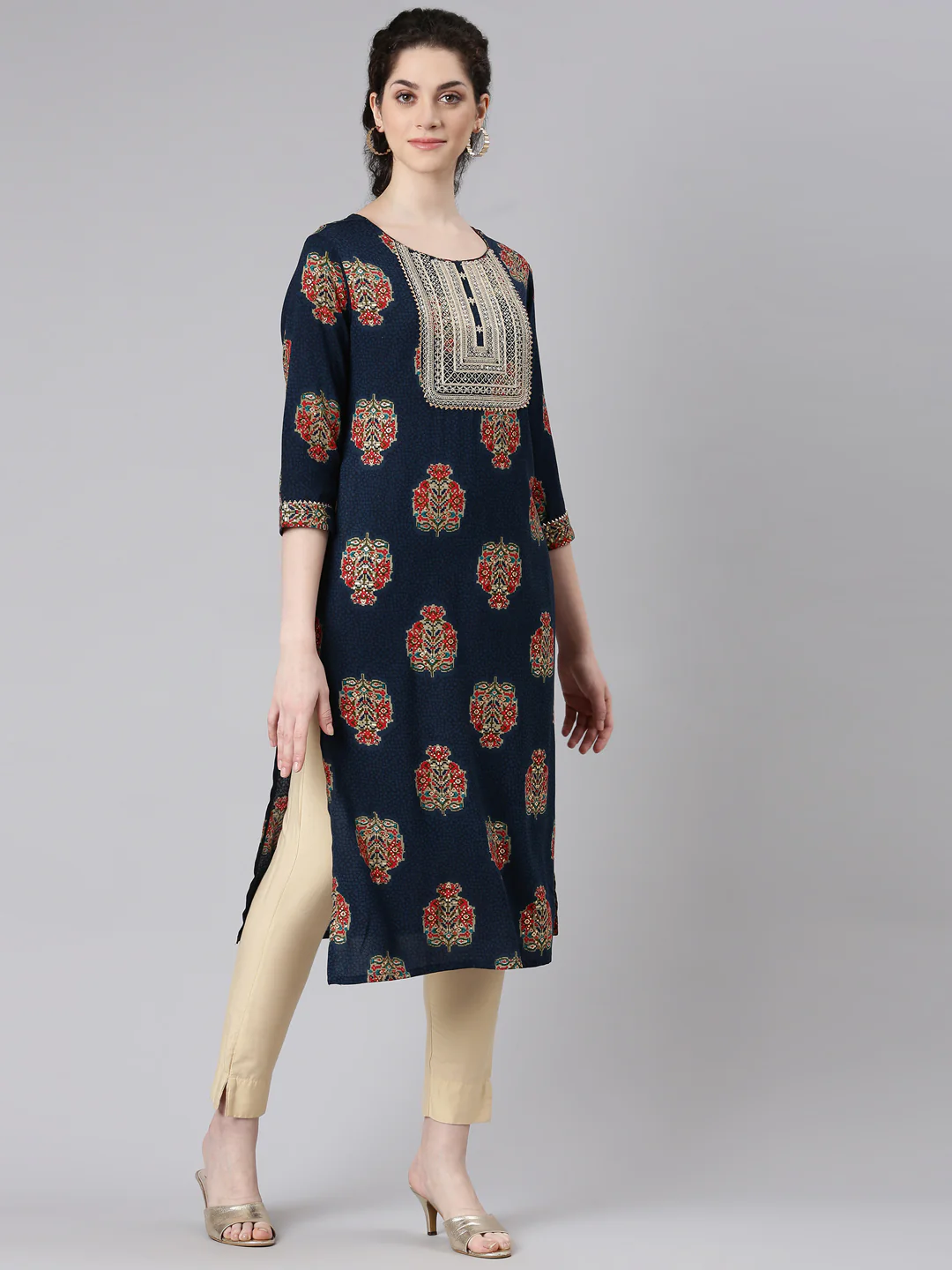 Neerus Navy Blue Straight Casual Floral Panelled Kurta - Image 2