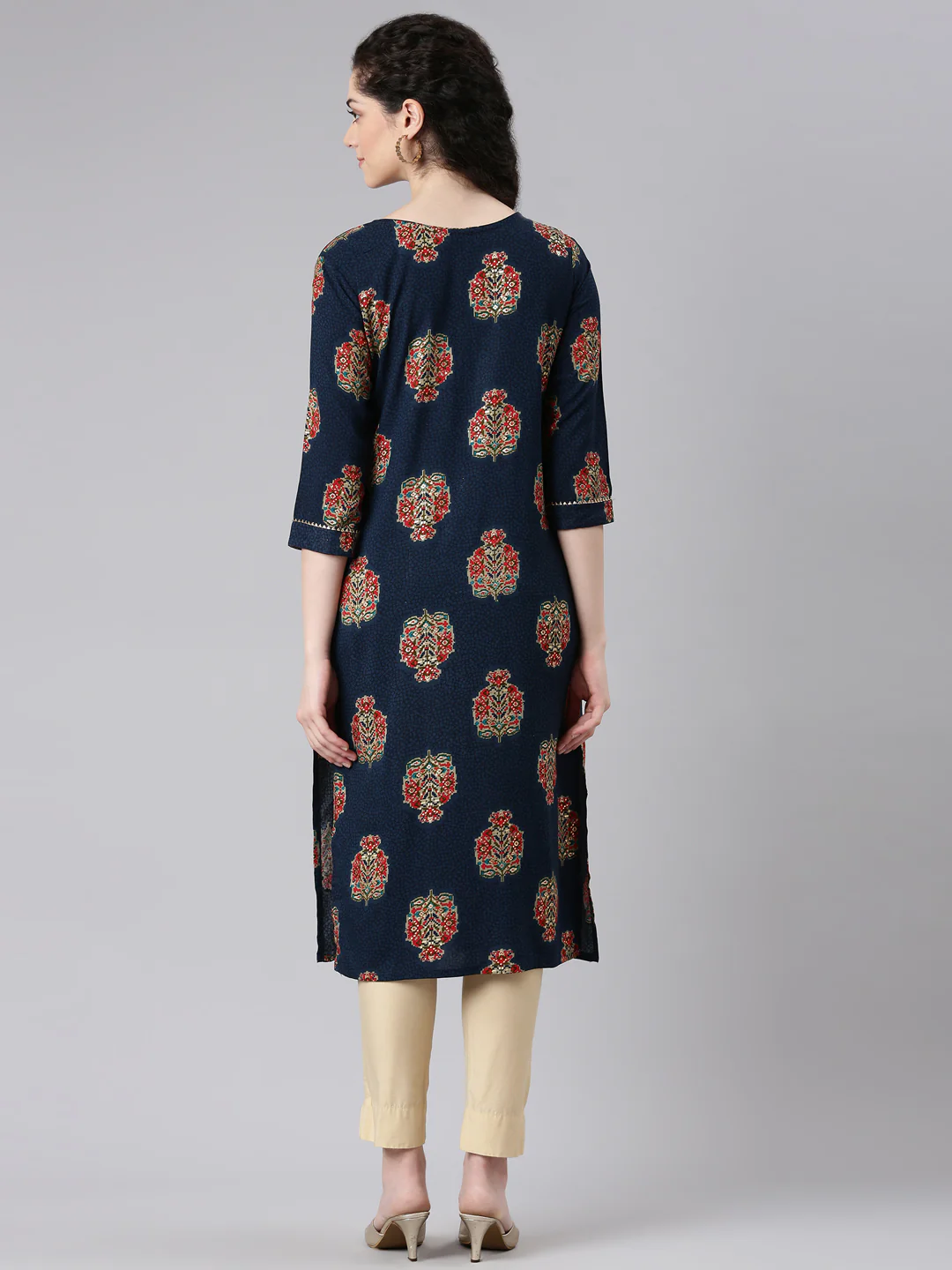 Neerus Navy Blue Straight Casual Floral Panelled Kurta - Image 3