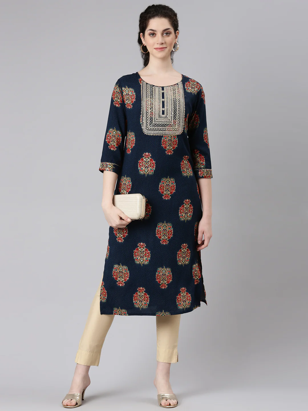 Neerus Navy Blue Straight Casual Floral Panelled Kurta - Image 5
