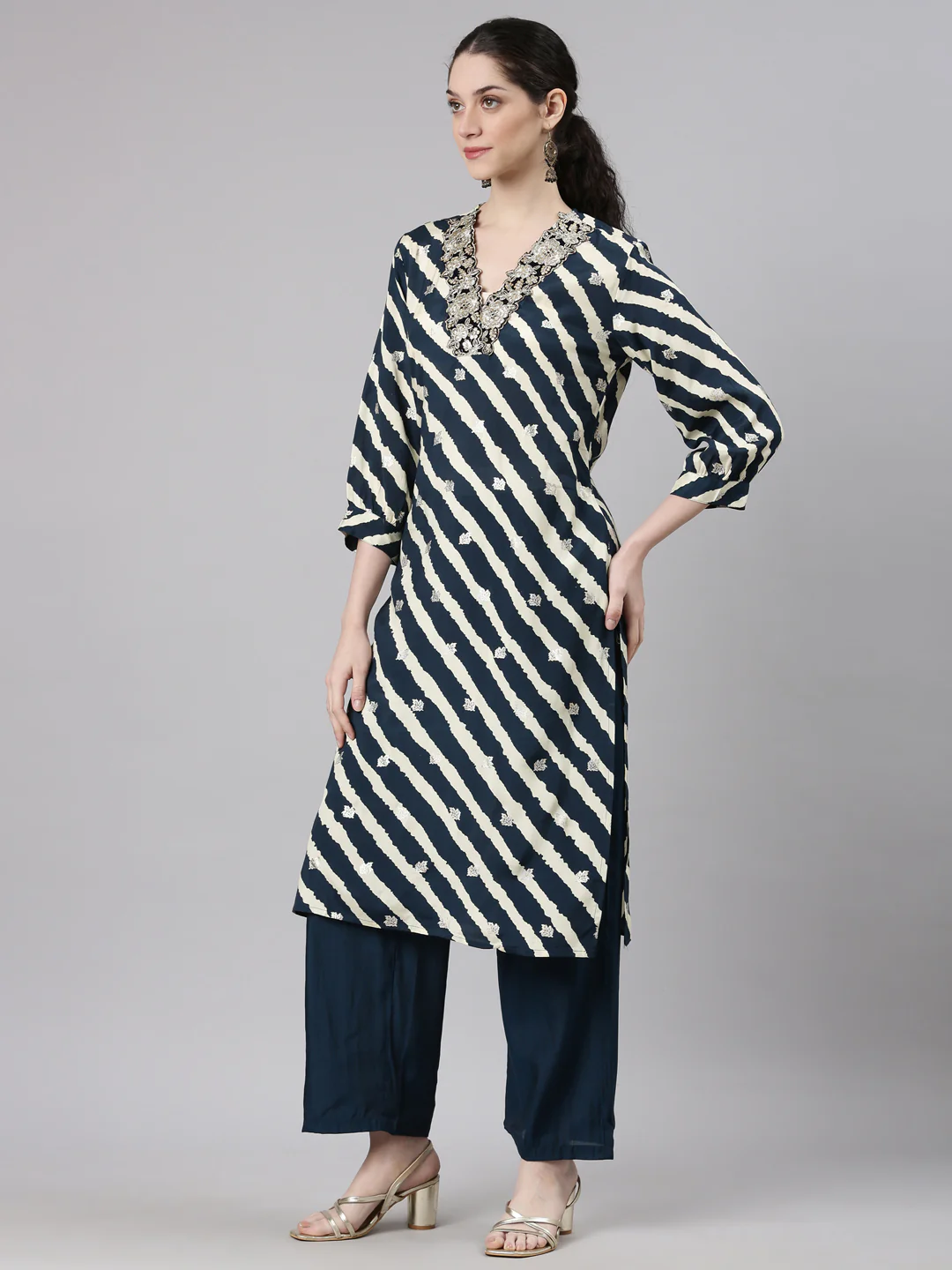 Neerus Navy Blue Straight Casual Leheriya Kurta and Palazzo - Image 2