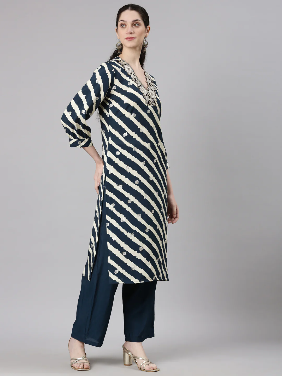 Neerus Navy Blue Straight Casual Leheriya Kurta and Palazzo - Image 3