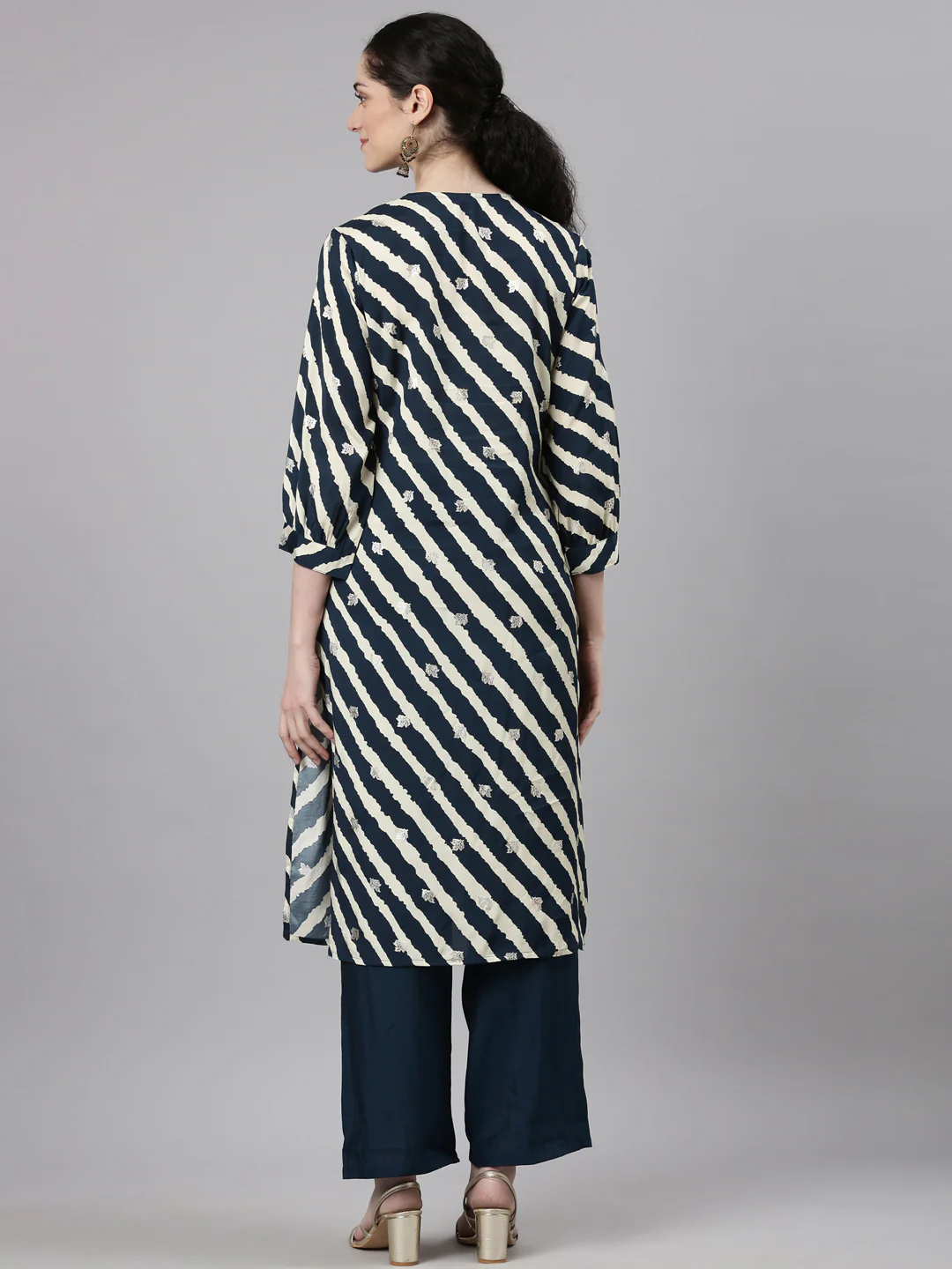 Neerus Navy Blue Straight Casual Leheriya Kurta and Palazzo - Image 4