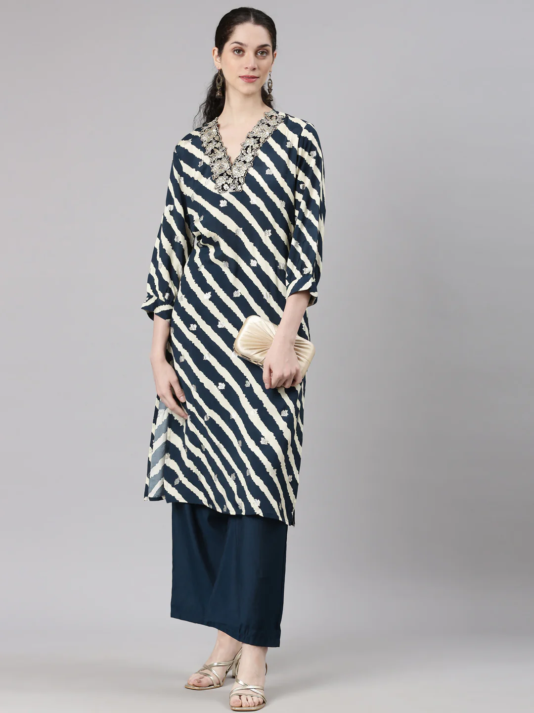 Neerus Navy Blue Straight Casual Leheriya Kurta and Palazzo - Image 6