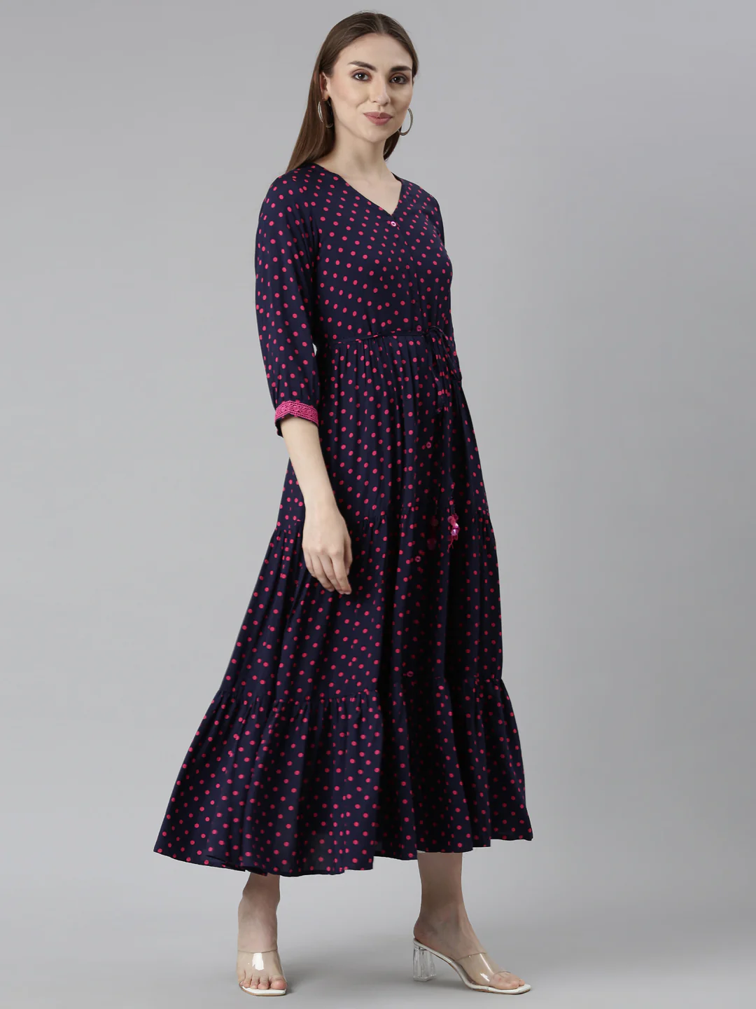 Neerus Navy Blue Straight Casual Polka Dots Dresses - Image 3