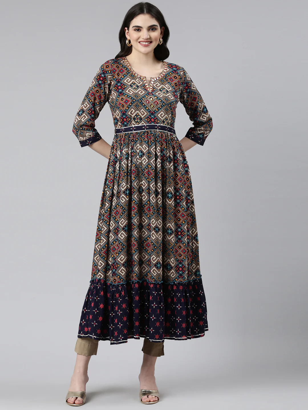 Neerus Navy Blue Straight Casual Printed Dress