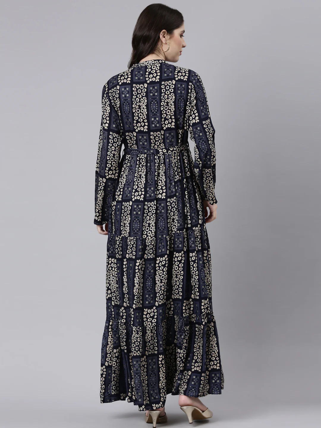 Neerus Navy Blue Straight Casual Printed Maxi Dresses - Image 3