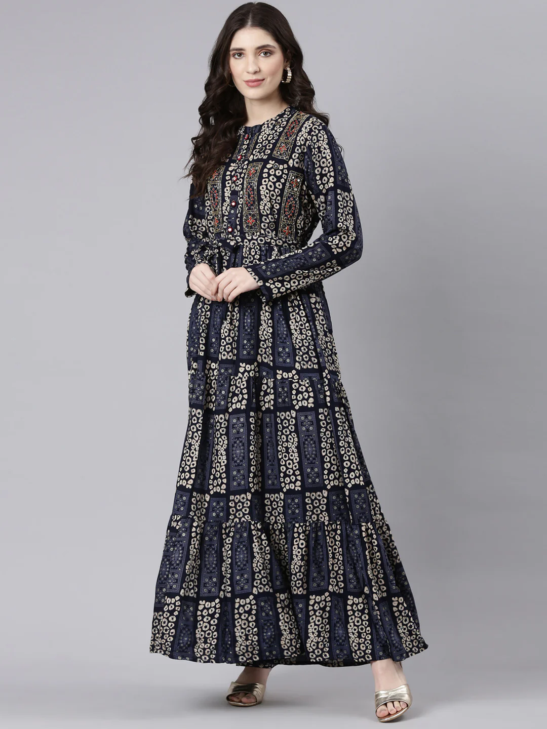 Neerus Navy Blue Straight Casual Printed Maxi Dresses - Image 5