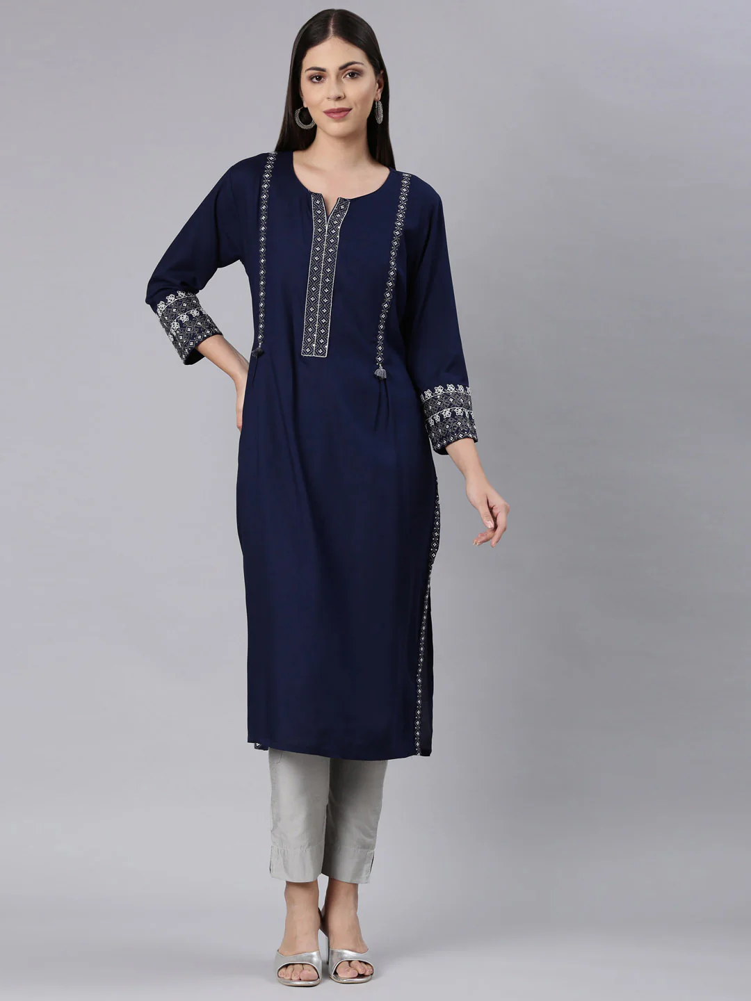 Neerus Navy Blue Straight Casual Solid Straight Kurta