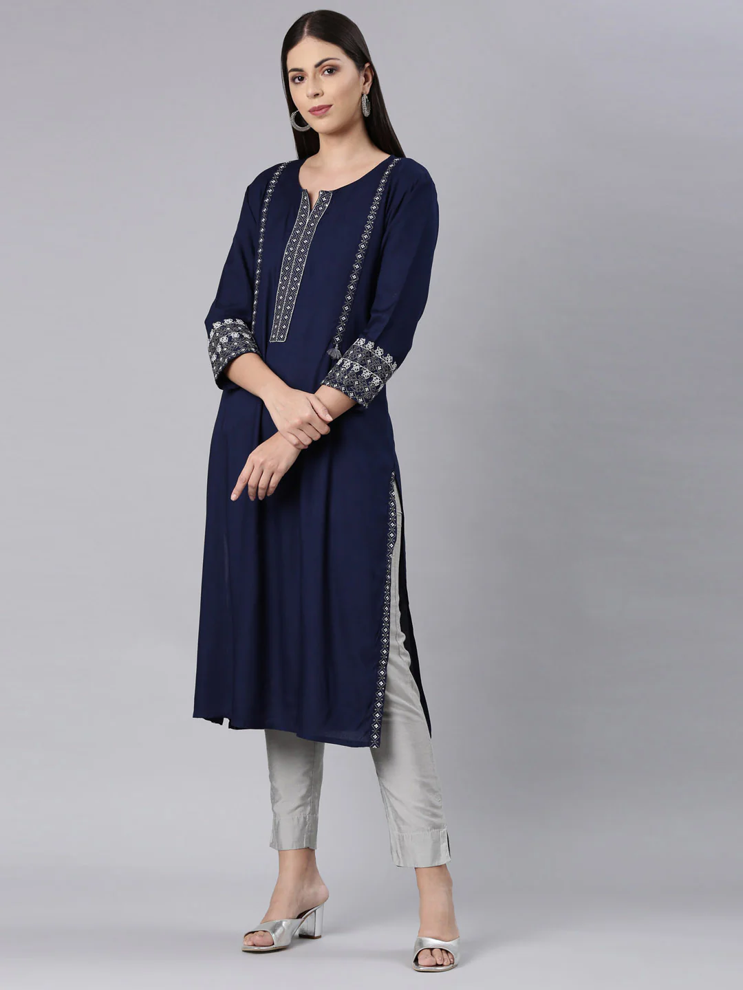 Neerus Navy Blue Straight Casual Solid Straight Kurta - Image 2