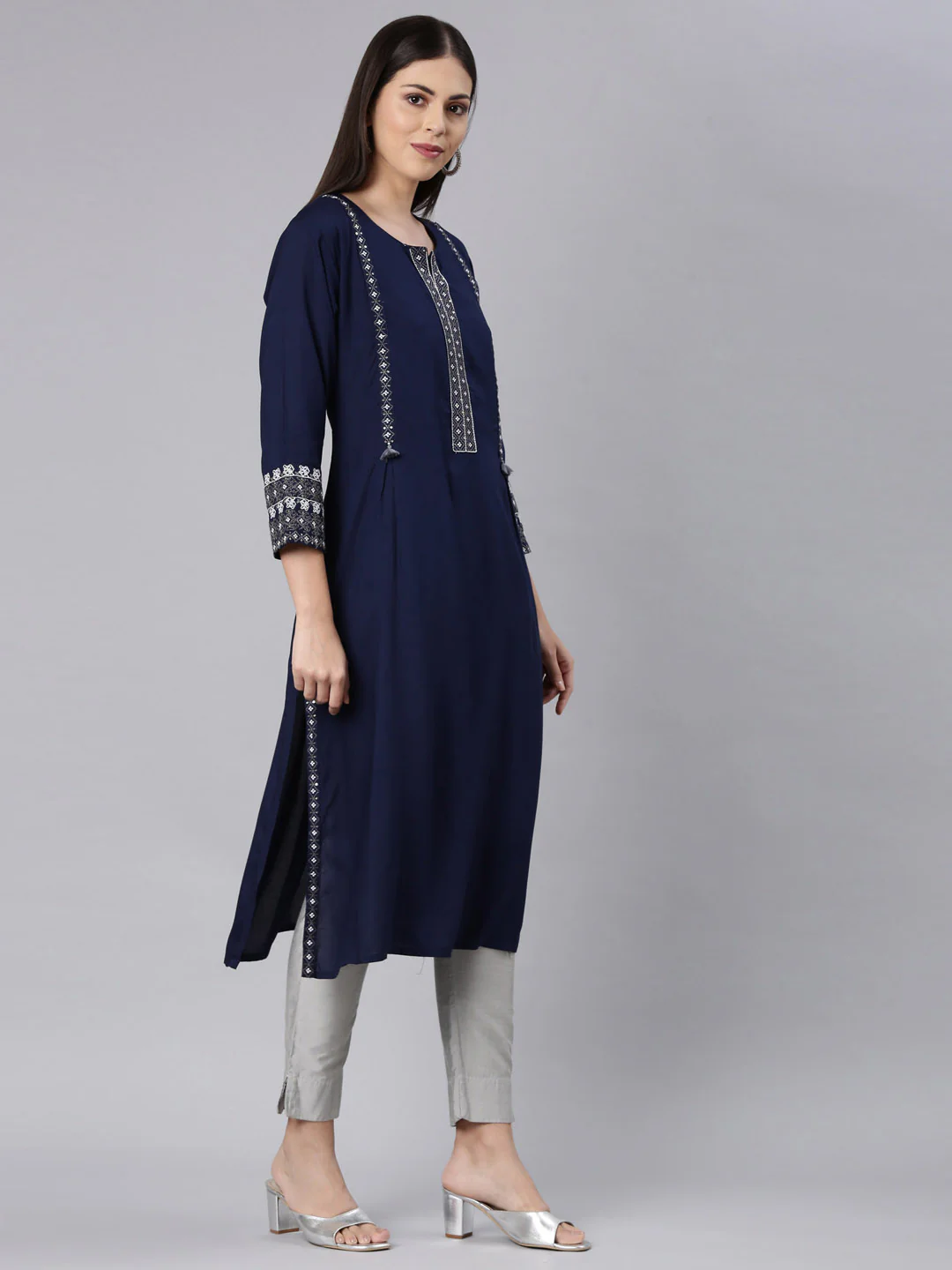 Neerus Navy Blue Straight Casual Solid Straight Kurta - Image 3