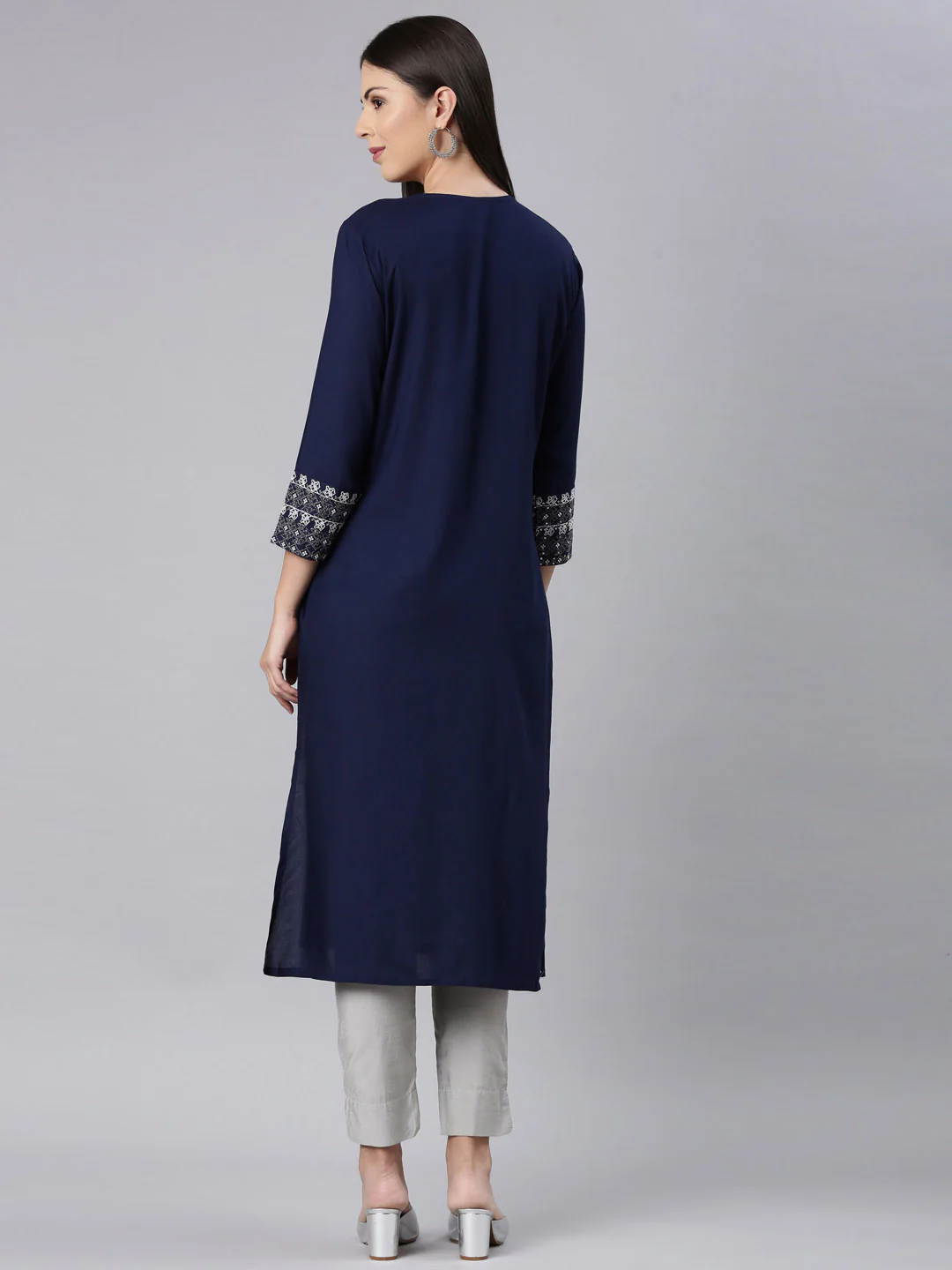 Neerus Navy Blue Straight Casual Solid Straight Kurta - Image 4