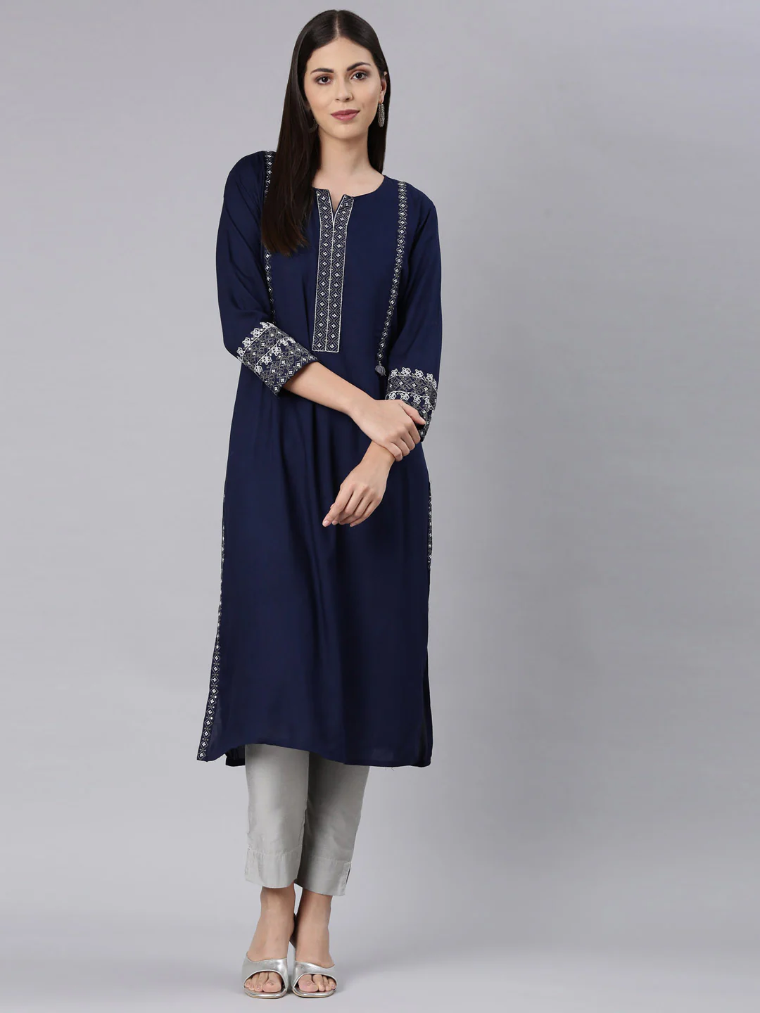 Neerus Navy Blue Straight Casual Solid Straight Kurta - Image 6