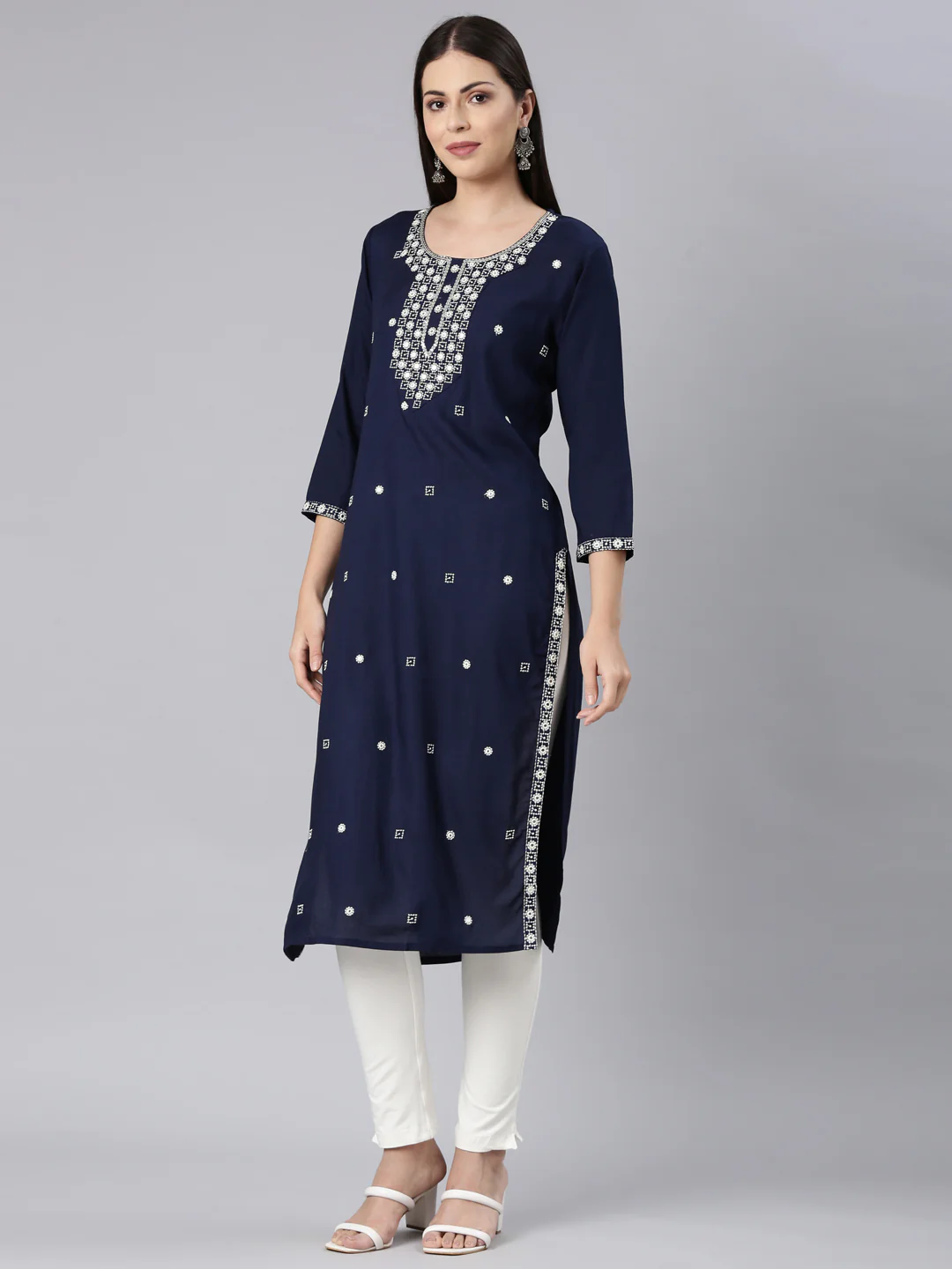 Neerus Navy Blue Straight Casual Solid Straight Kurta - Image 2