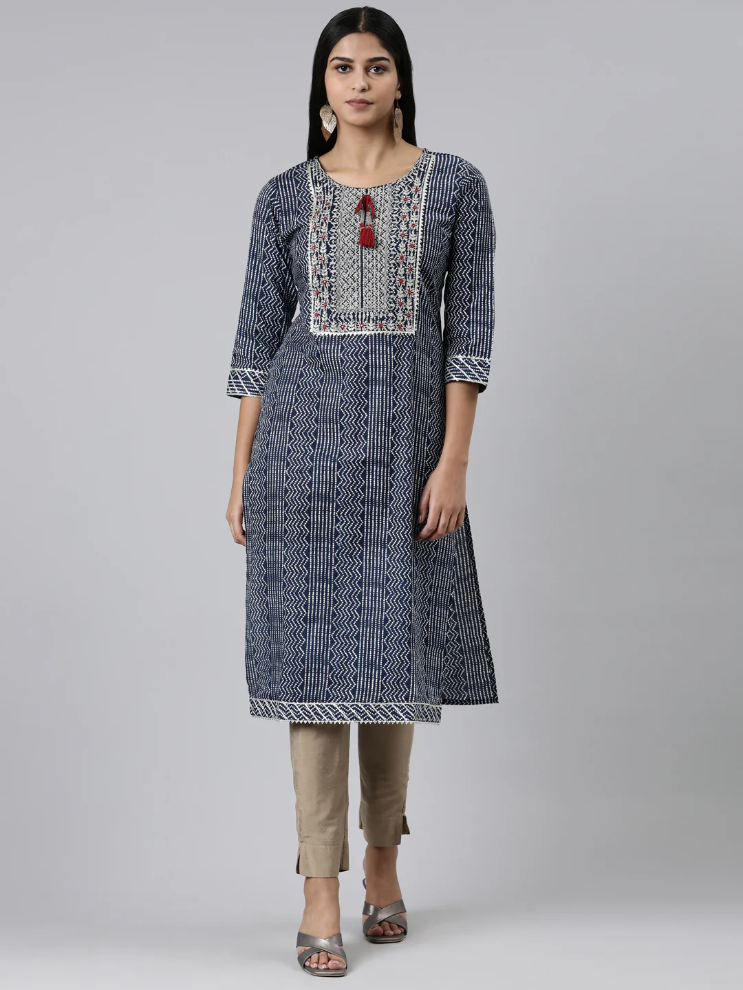 Neerus Navy Blue Straight Printed Cotton Kurta