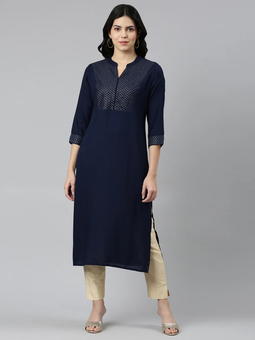 Neerus Navy Blue Tiered Straight Solid Kurta