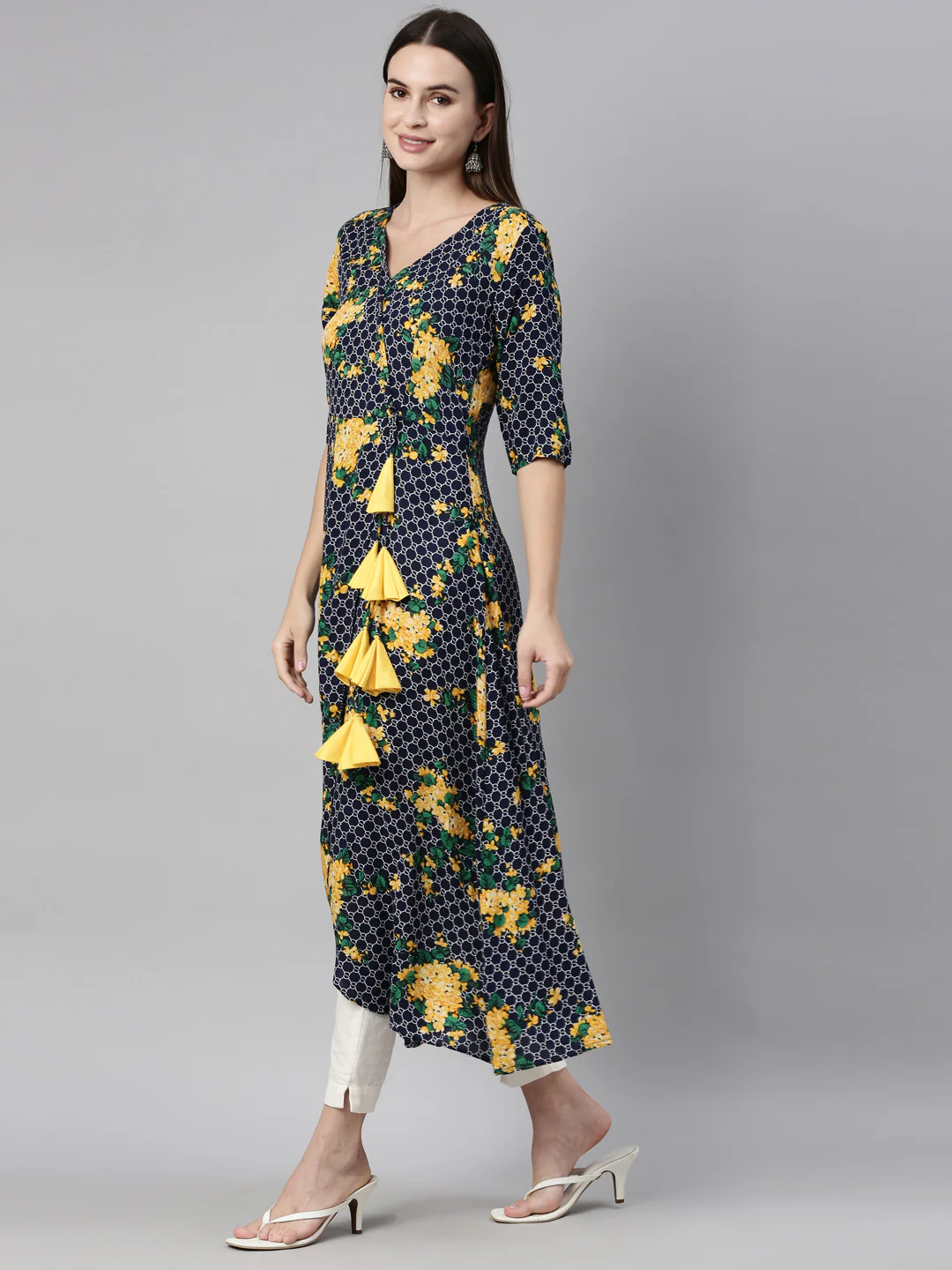 Neerus Navy Blue Yellow Color Rayon Fabric Kurta - Image 3