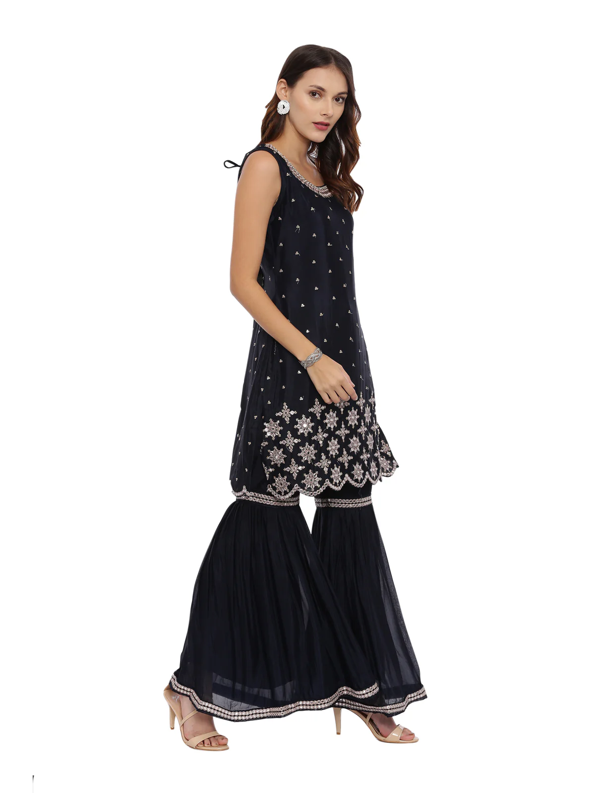 Neerus Navy Embellished Kurta With Sharara & Dupatta - Image 3