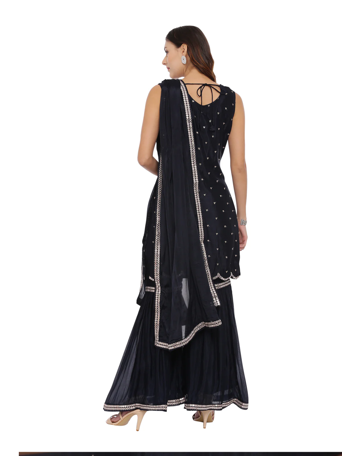 Neerus Navy Embellished Kurta With Sharara & Dupatta - Image 4