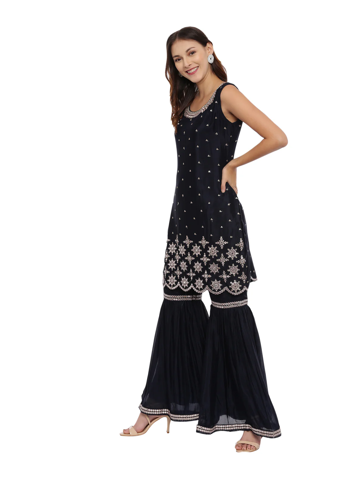 Neerus Navy Embellished Kurta With Sharara & Dupatta - Image 5