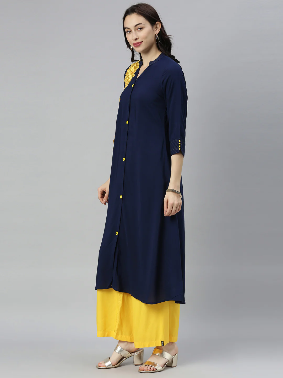 Neerus Navy Embroidered A Line Kurta - Image 5