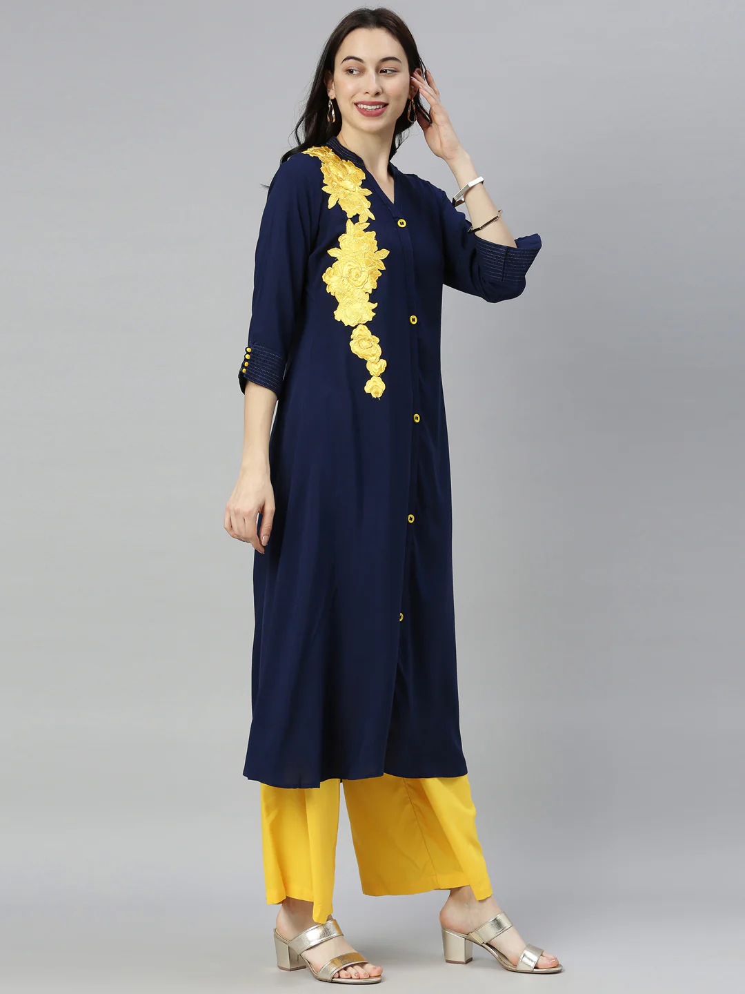 Neerus Navy Embroidered A Line Kurta - Image 6