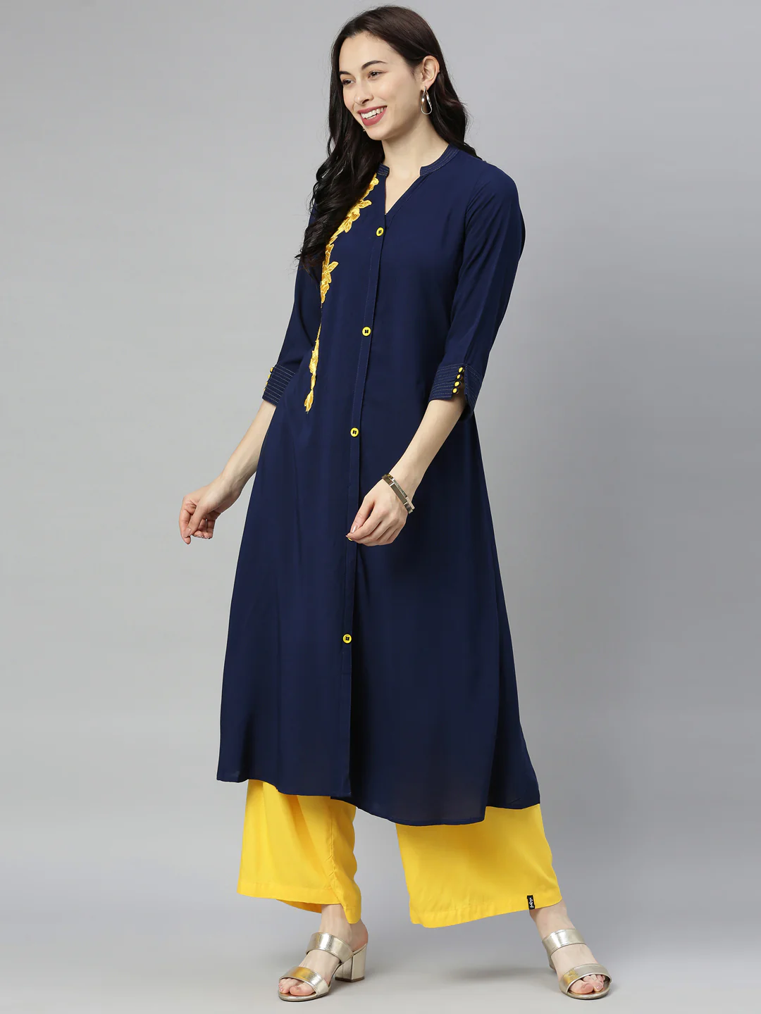 Neerus Navy Embroidered A Line Kurta - Image 8