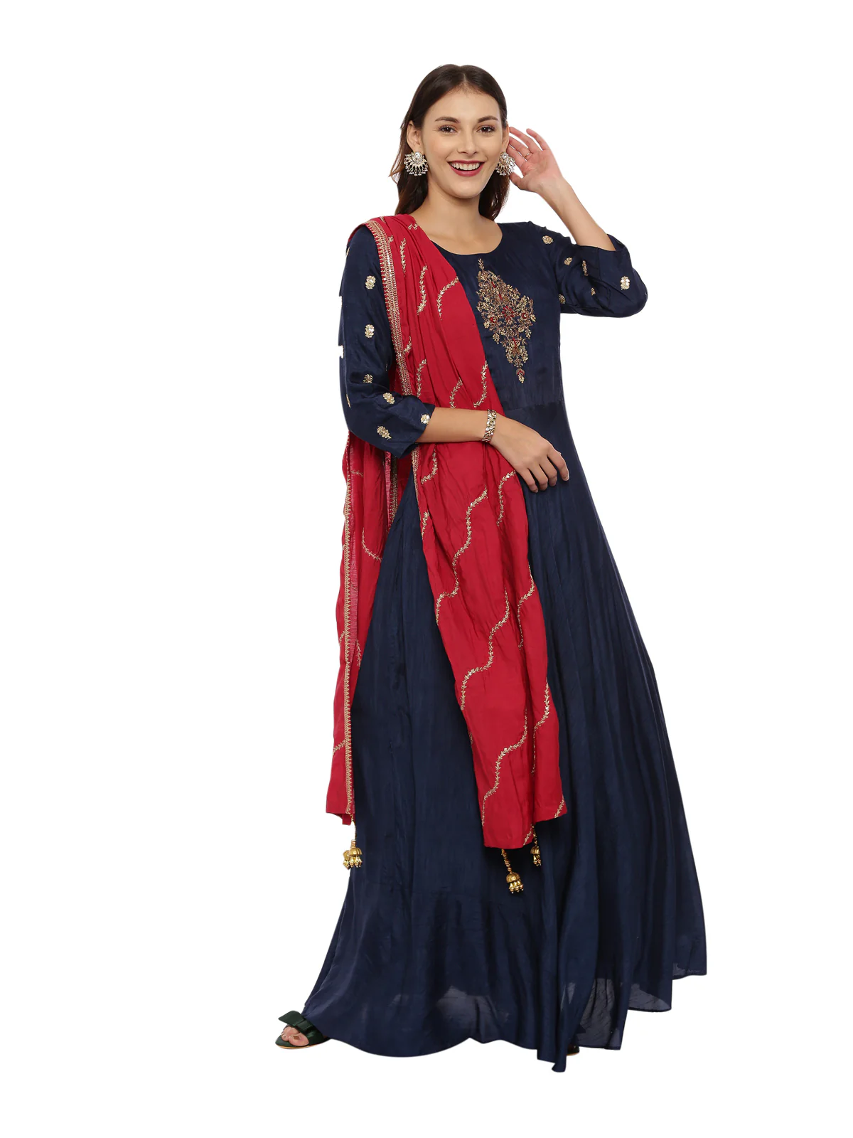 Neerus Navy Embroidered Kurta With Churidar & Dupatta