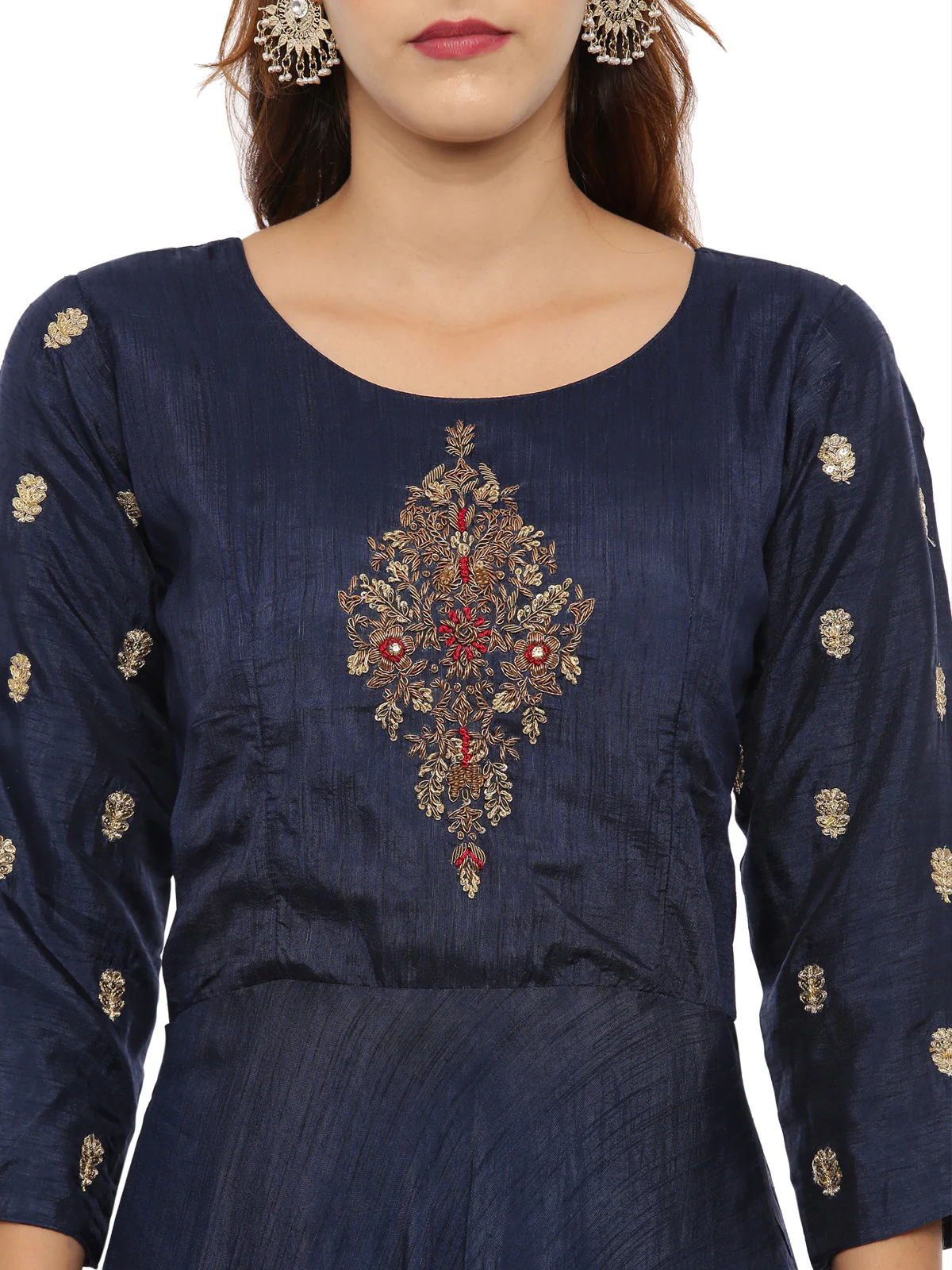 Neerus Navy Embroidered Kurta With Churidar & Dupatta - Image 2