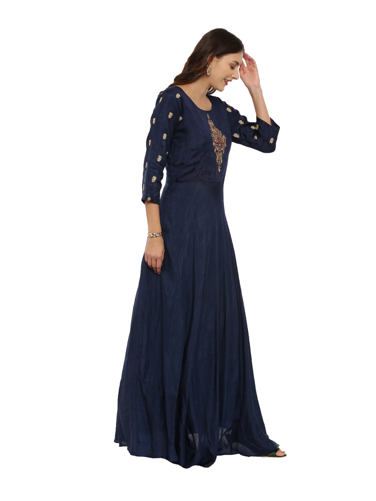 Neerus Navy Embroidered Kurta With Churidar & Dupatta - Image 3