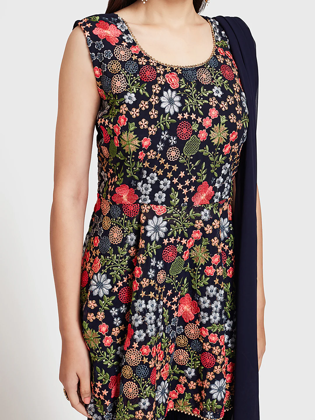 Neerus Navy Embroidered Kurta With Sharara & Dupatta - Image 3