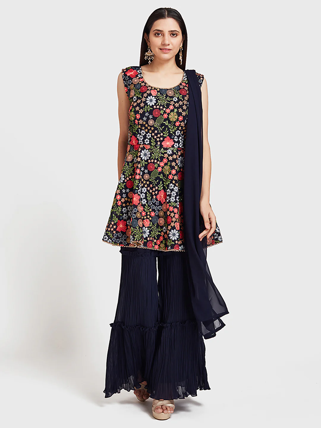 Neerus Navy Embroidered Kurta With Sharara & Dupatta - Image 6