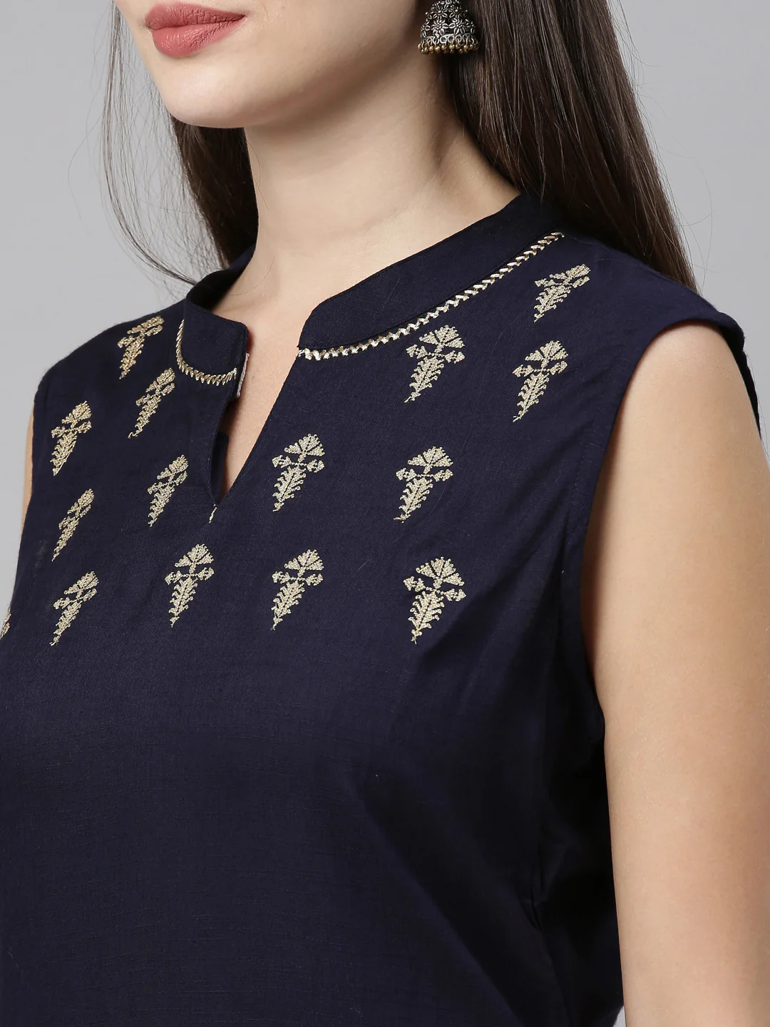 Neerus Navy Embroidered Straight Kurta - Image 2