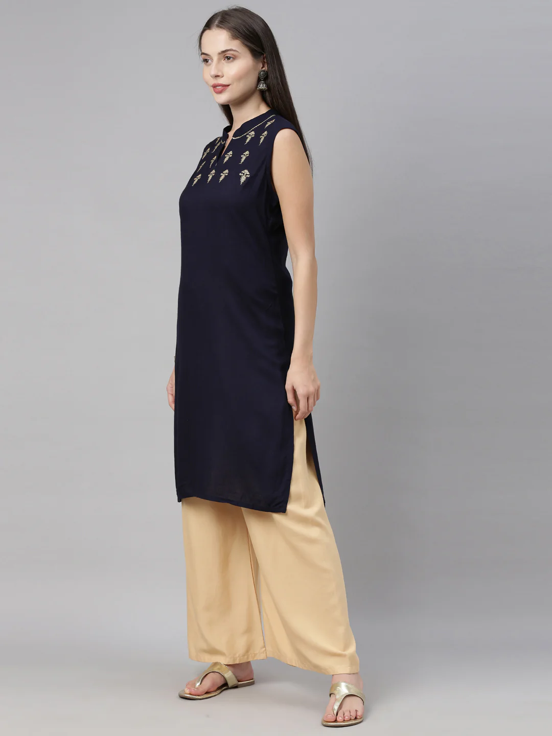 Neerus Navy Embroidered Straight Kurta - Image 4