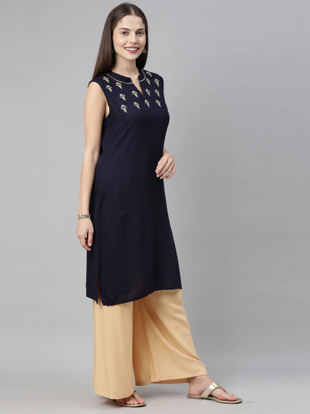 Neerus Navy Embroidered Straight Kurta - Image 5