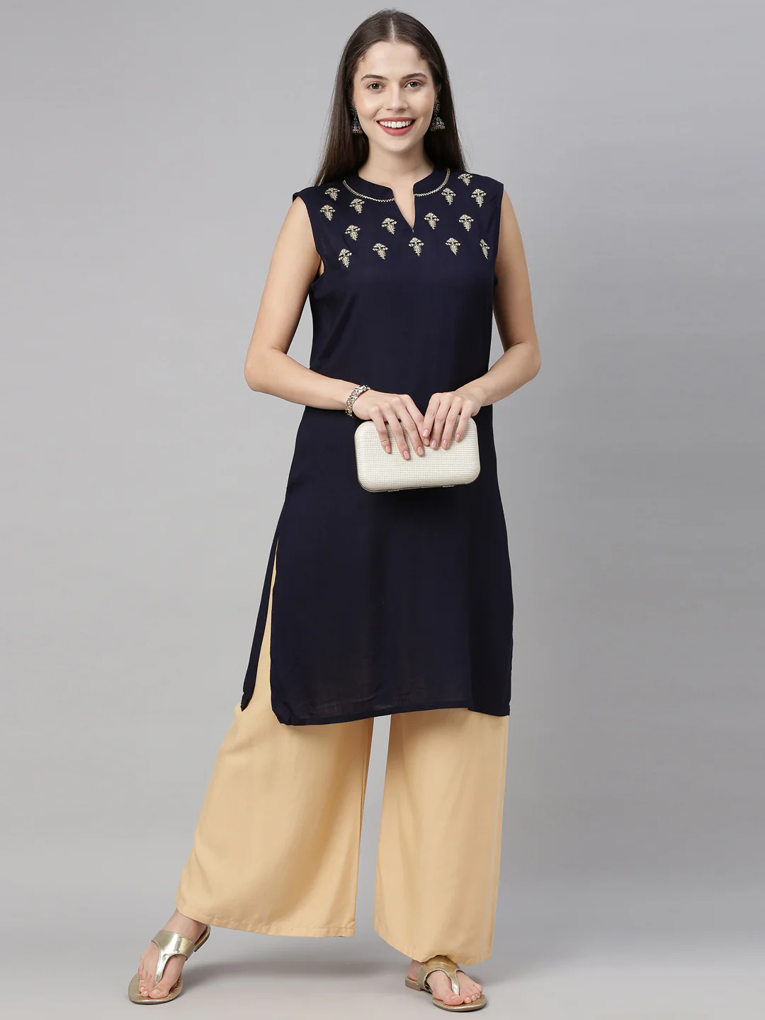 Neerus Navy Embroidered Straight Kurta - Image 7