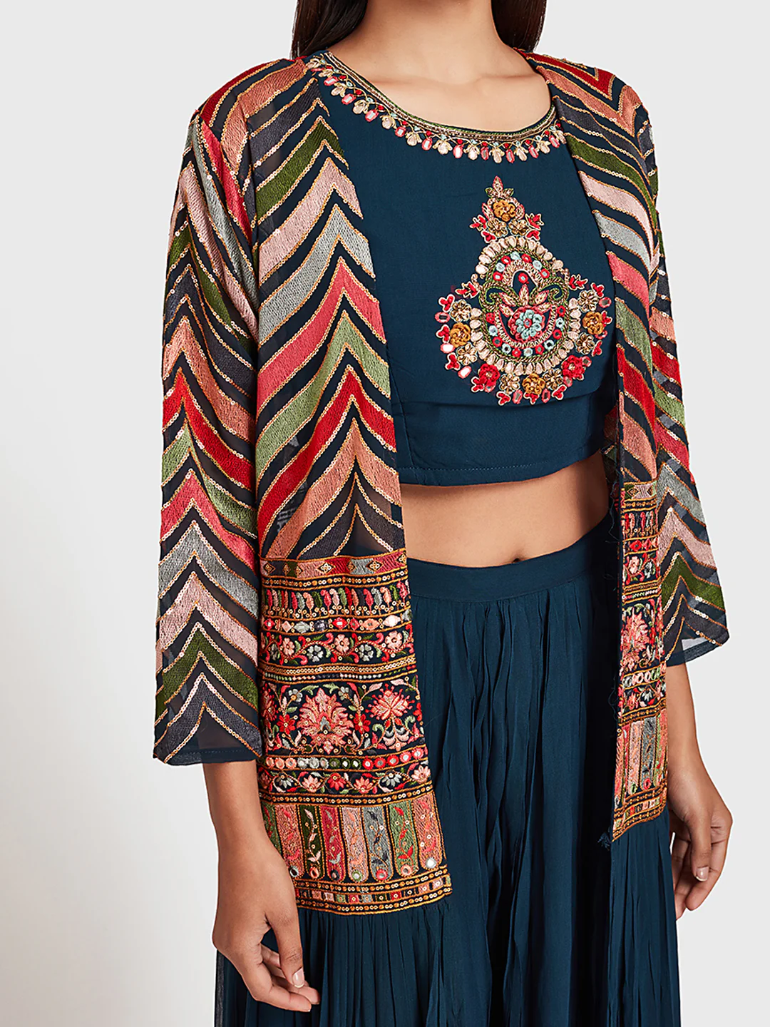 Neerus Navy Embroidered Top & Skirt Set With Shrug - Image 3