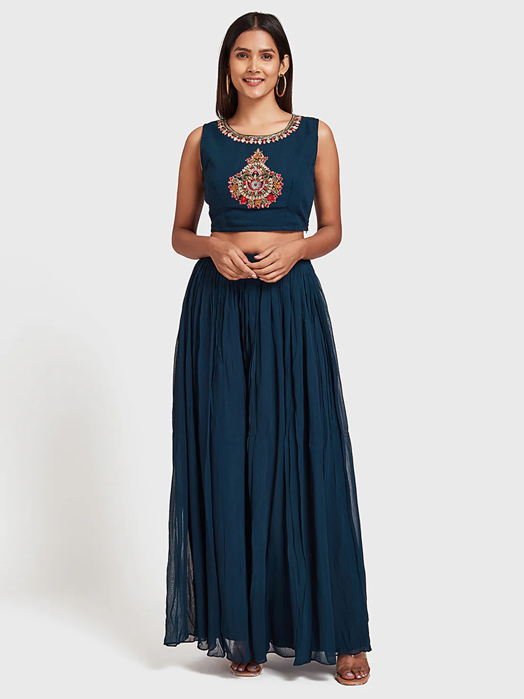 Neerus Navy Embroidered Top & Skirt Set With Shrug - Image 4