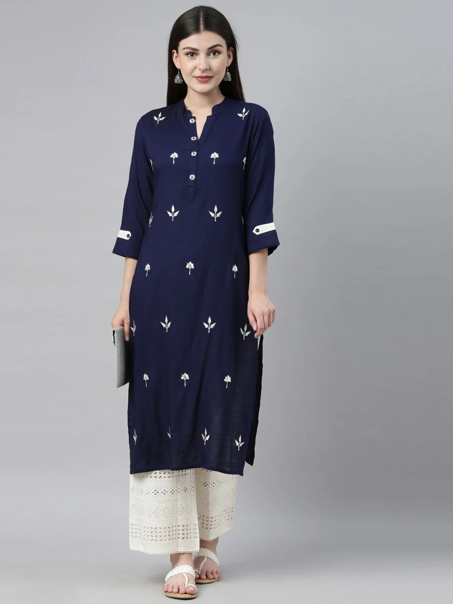 Neerus Navy & Off White Embroidered Kurta & Palazzo Set
