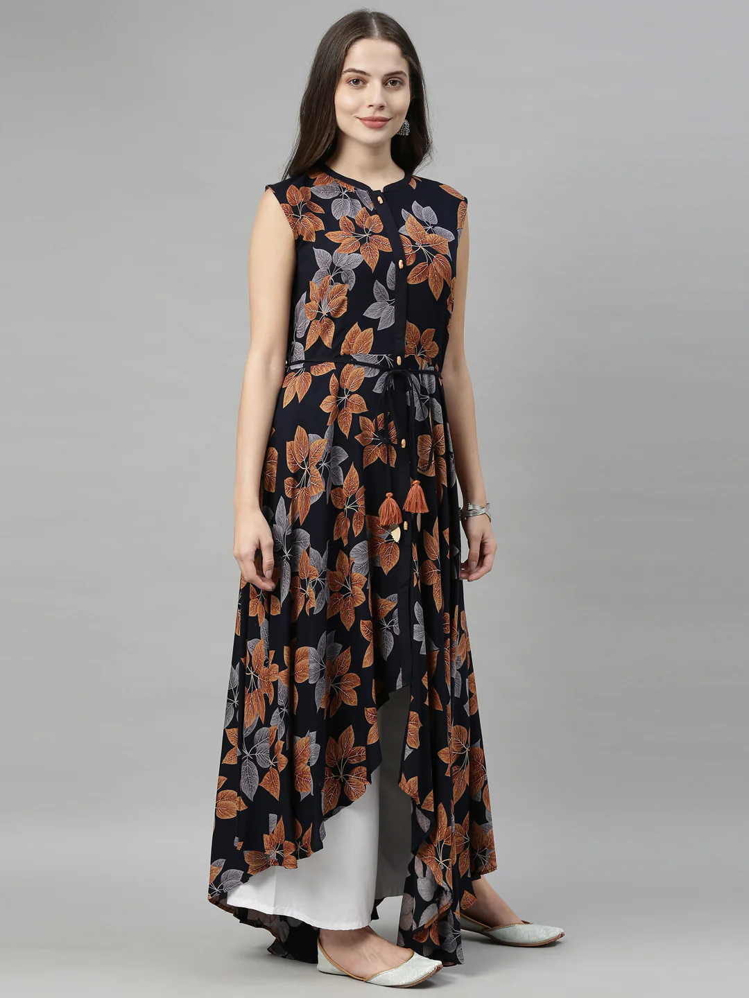 Neerus Navy Printed High Low Kurta - Image 5